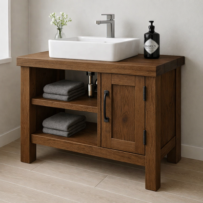 Solid Wood Bathroom Vanity Cabinet – Modern Oak Bathroom Vanity with Shelf Storage Kitchnce