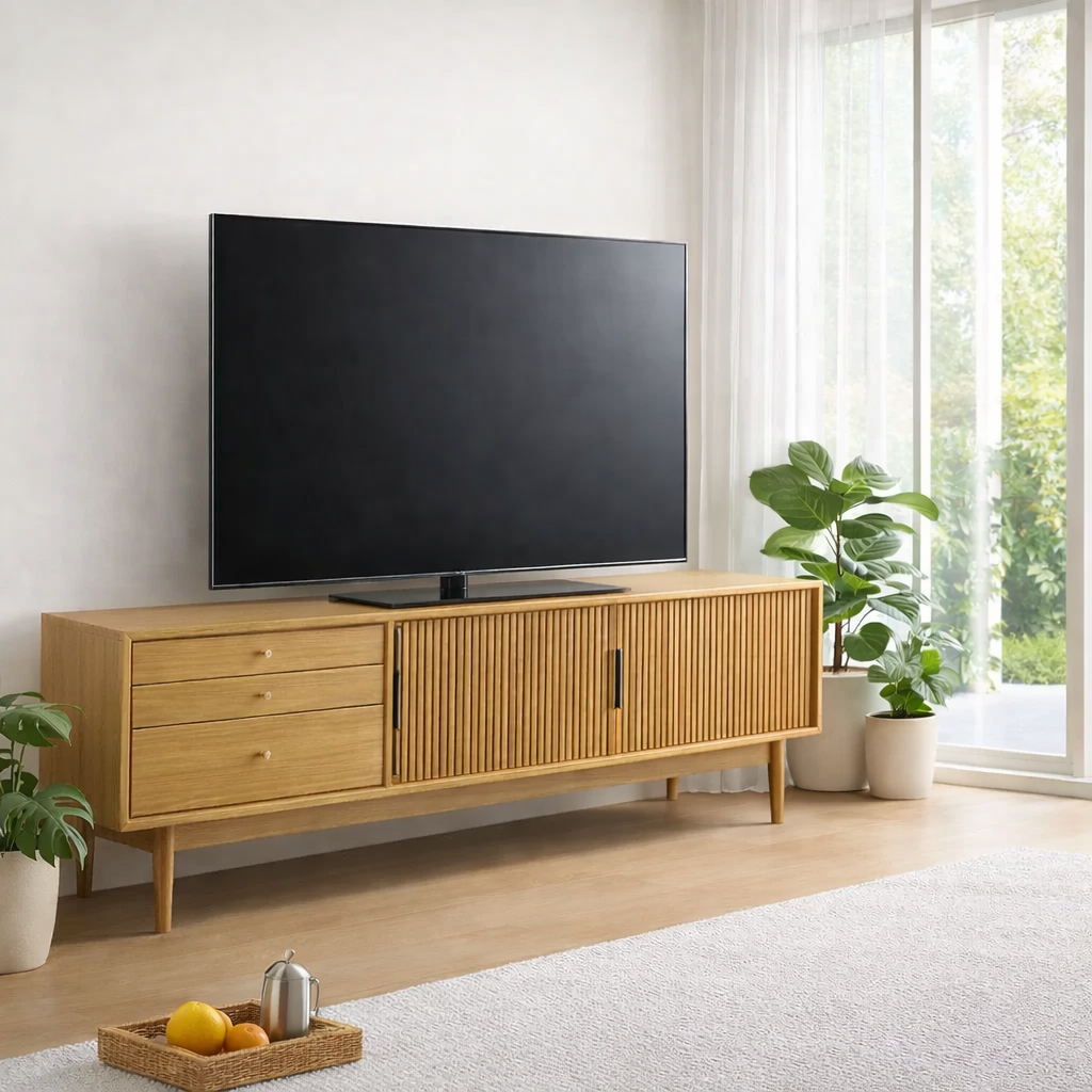 Mid Century Solid Wood TV Console with Slatted Doors & Drawers
