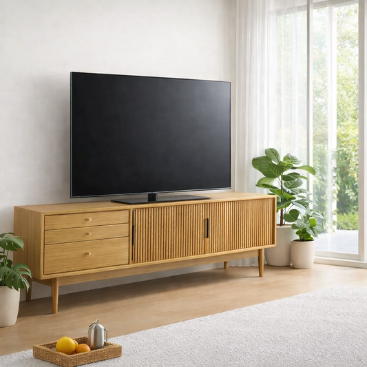 Mid Century Solid Wood TV Console with Slatted Doors & Drawers