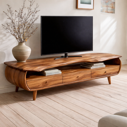 Live Edge Solid Wood Media Console – Modern TV Stand with Drawers & Storage