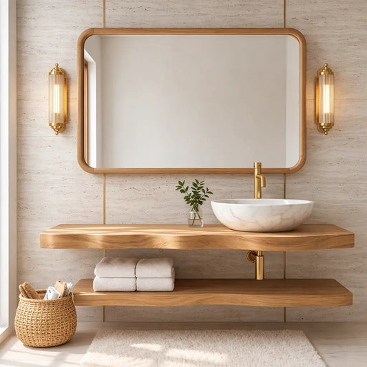 Natural Wood Floating Vanity with Curved Design, Shelf Storage, and Ceramic Sink Kitchnce