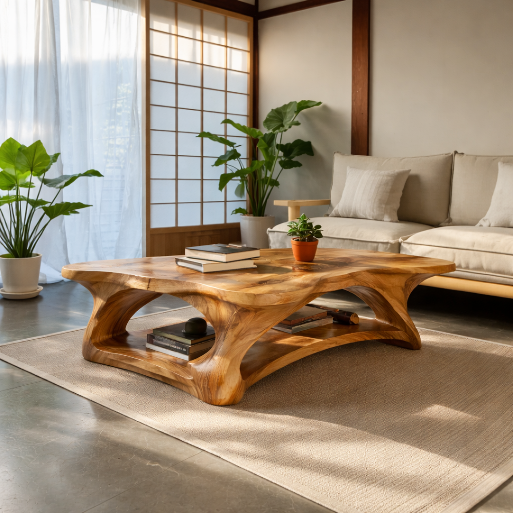 Solid Wood Coffee Table with Sculpted Organic Design – Modern Living Room Furniture