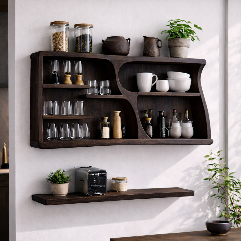 Solid Wood Kitchen Cabinet Shelf – Modern Wall Mounted Storage Display