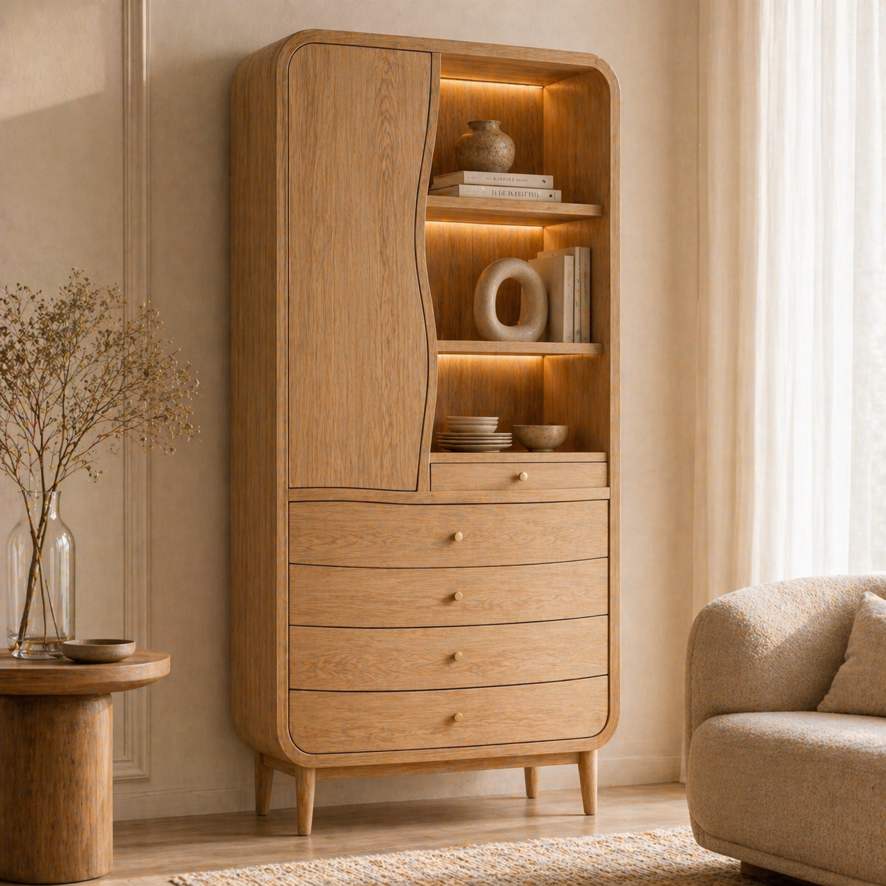 Modern Tall Wine Cabinet With Drawers Display Shelves Freestanding Storage Cabinet
