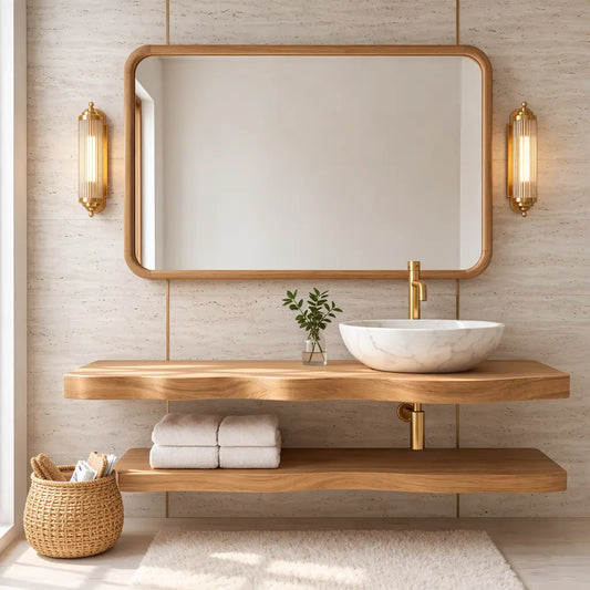 Natural Wood Floating Vanity with Curved Design, Shelf Storage, and Ceramic Sink Kitchnce