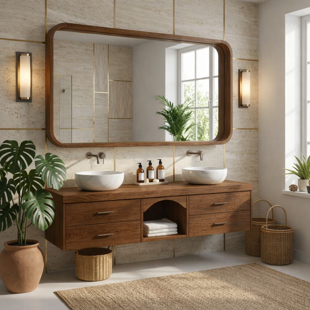 Double Sink Floating Vanity with Oak Wood, Modern and Spacious Design Kitchnce