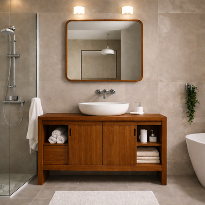 Solid Wood Bathroom Vanity Cabinet with Sliding Doors & Open Shelf Storage
