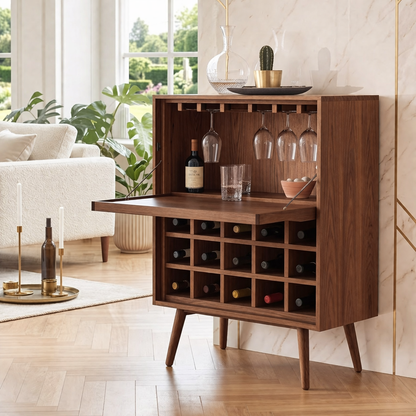 Modern Wine Cabinet with Fold Down Bar Shelf and Bottle Storage Rack
