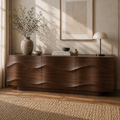 Modern Solid Wood Sideboard Cabinet with Wave Design Doors – Minimalist Storage