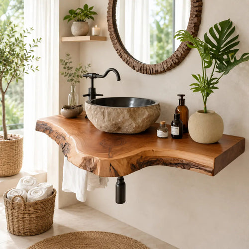 Live Edge Epoxy Vanity Shelf | Asymmetric Solid Wood Floating Bathroom Counter Kitchnce