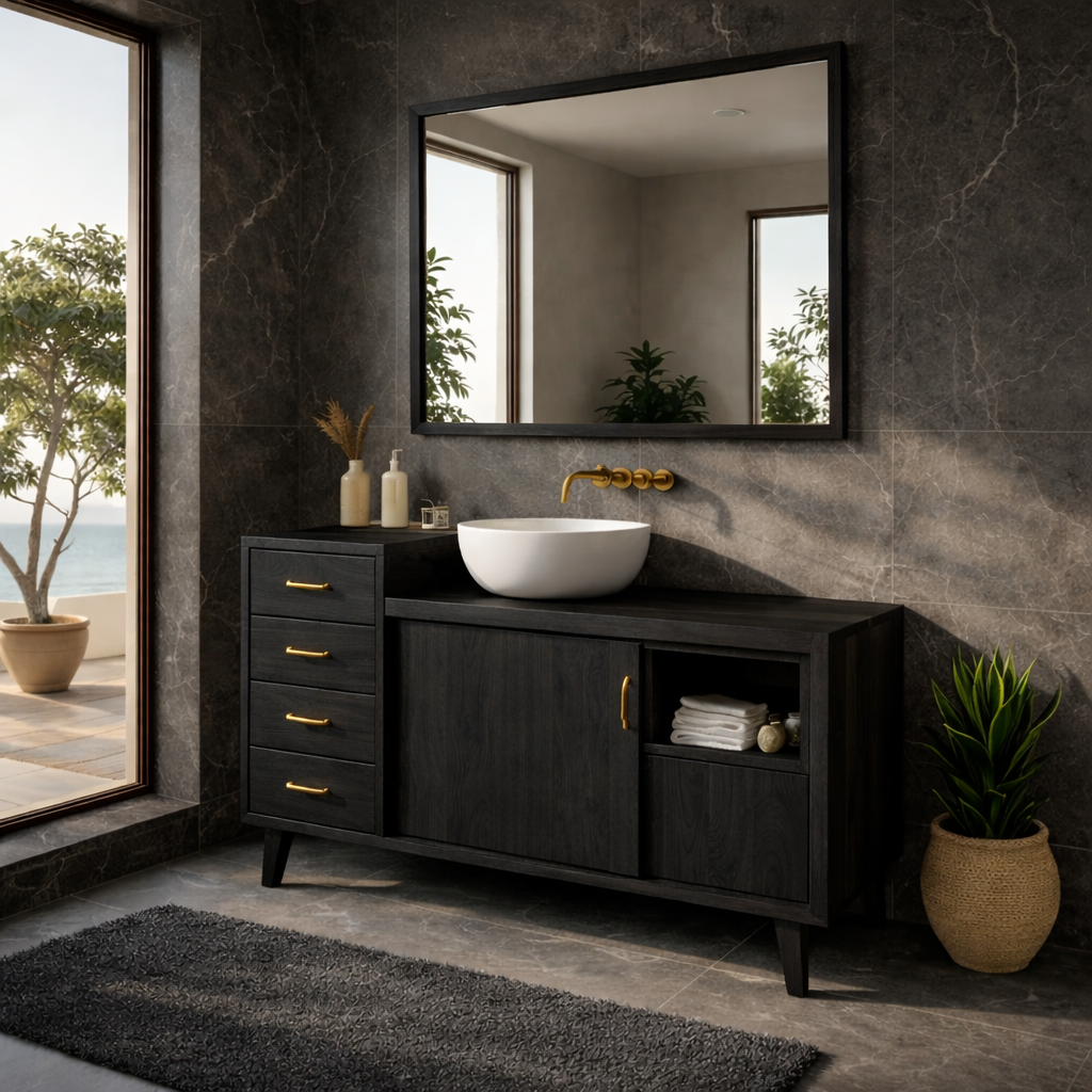 Solid Wood Bathroom Vanity with Drawers & Cabinet Storage – Mid Century Walnut Vanity