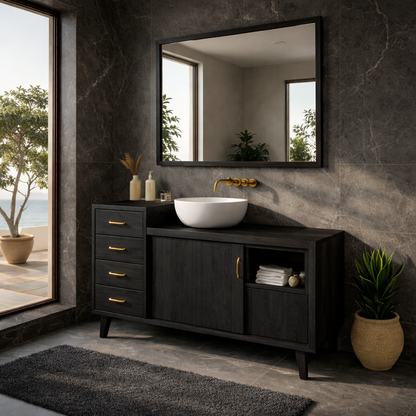 Solid Wood Bathroom Vanity with Drawers & Cabinet Storage – Mid Century Walnut Vanity