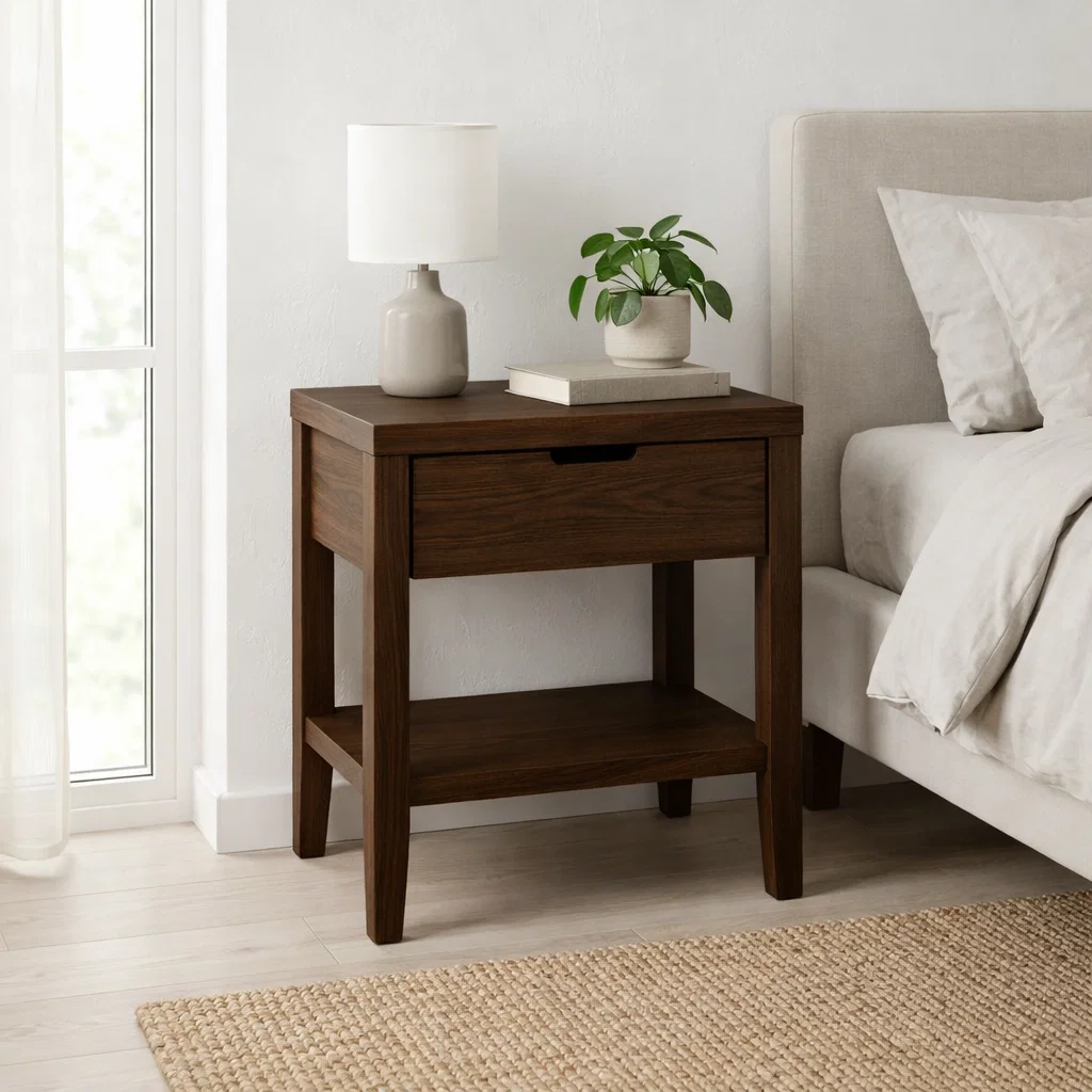 Solid Oak Nightstand with Drawer & Shelf – Modern Wooden Bedside Table