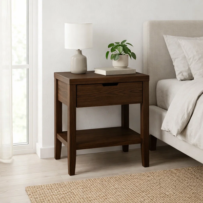 Solid Oak Nightstand with Drawer & Shelf – Modern Wooden Bedside Table