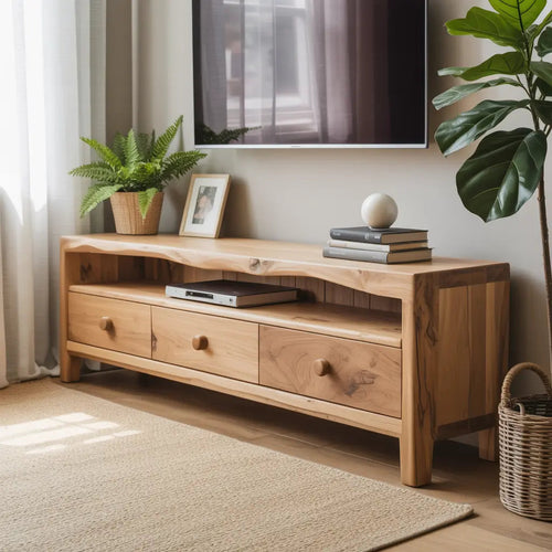 Handcrafted Solid Wood TV Stand with Live Edge Top – Natural Finish Media Console with Drawers and Open Shelf for Japandi Interiors Kitchnce