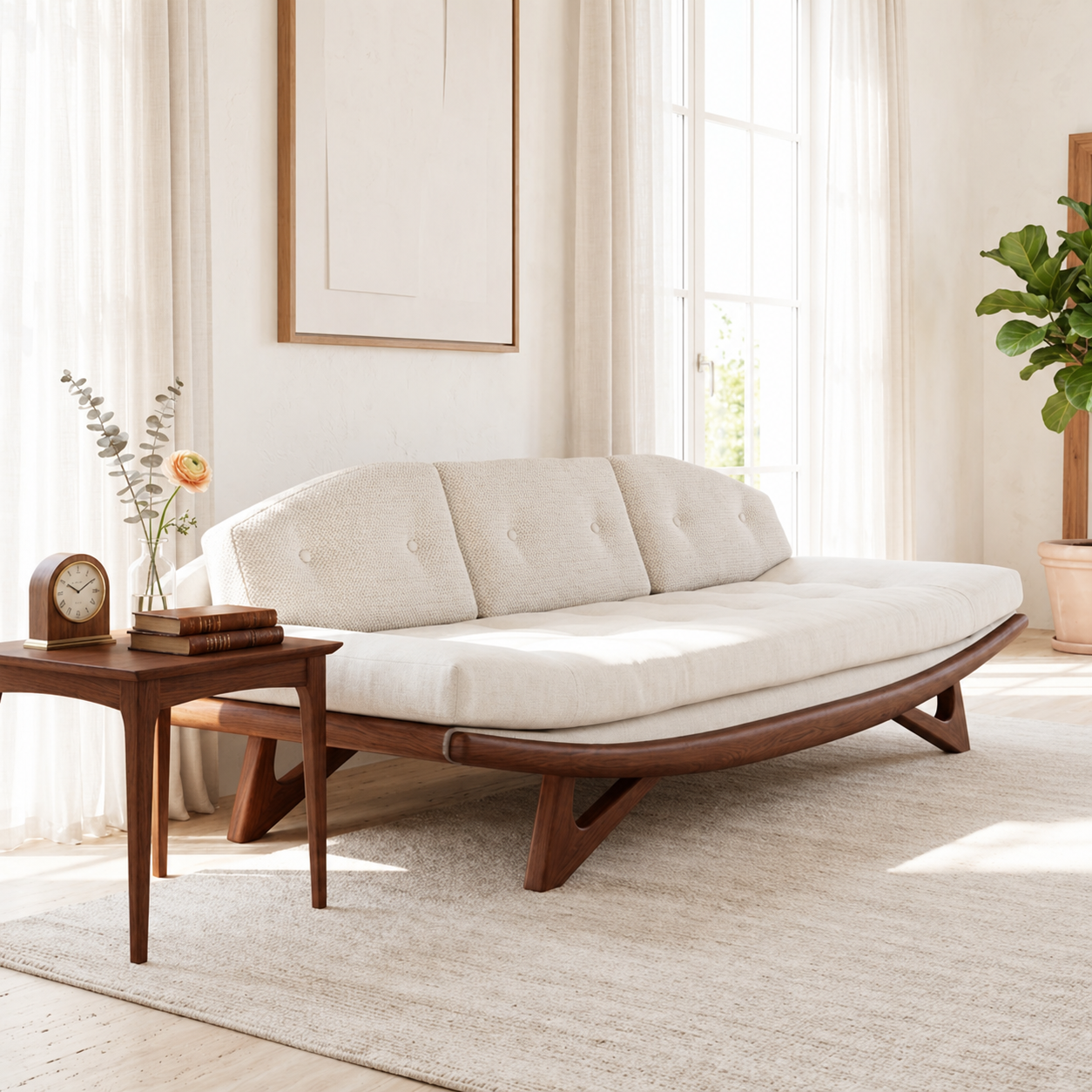 Curved Upholstered Daybed Sofa With Tufted Backrest, Contemporary Bedroom Lounge Bench