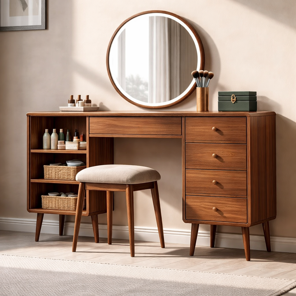 Solid Wood Makeup Vanity with Spacious Storage – Modern Mid-Century Design