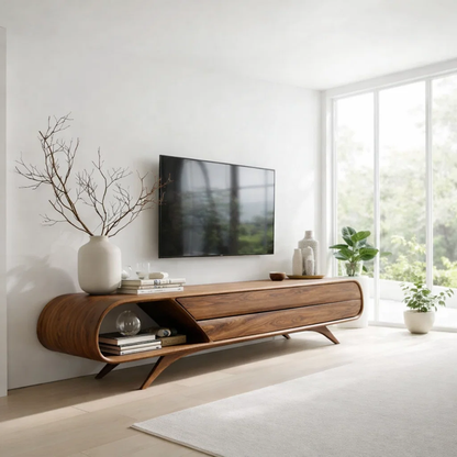 Solid Wood Media Console with Curved Design & Drawer Storage, Modern TV Stand
