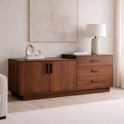 Solid Wood Sideboard Cabinet with 3 Drawers and Double Door Storage