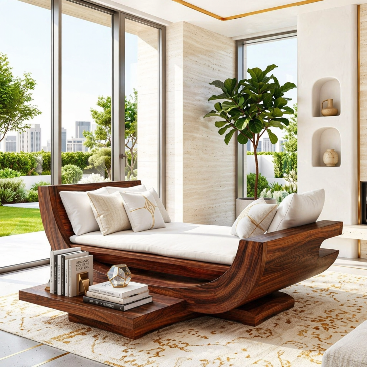 Modern Wooden Chaise Sofa, Minimalist Lounge Daybed with Built-In Bookshelf Couch