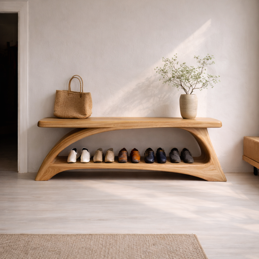 Solid Wood Entryway Bench with Shoe Storage Shelf – Modern Curved Wooden Shoe Rack Bench Kitchnce