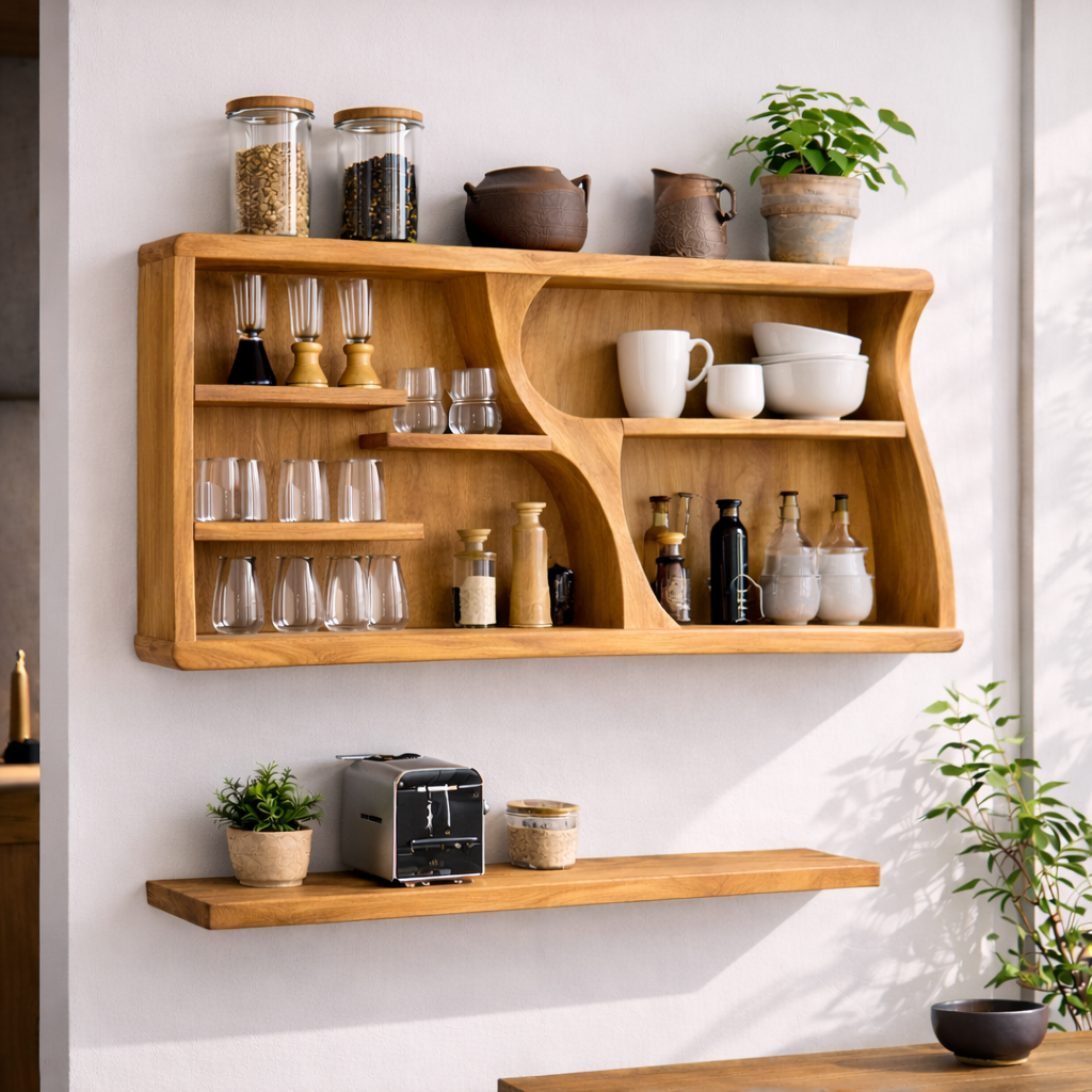 Solid Wood Kitchen Cabinet Shelf – Modern Wall Mounted Storage Display