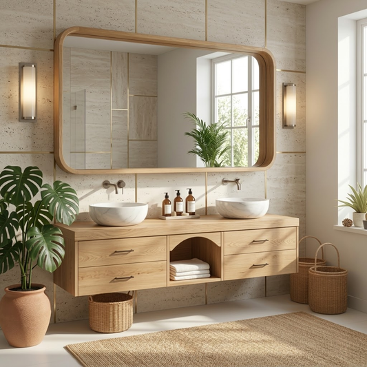 Double Sink Floating Vanity with Oak Wood, Modern and Spacious Design Kitchnce