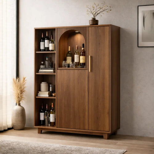 Solid Wood Bar Cabinet with Arched Display Niche and Open Wine Storage Shelf Kitchnce