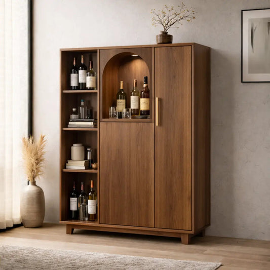 Solid Wood Bar Cabinet with Arched Display Niche and Open Wine Storage Shelf Kitchnce
