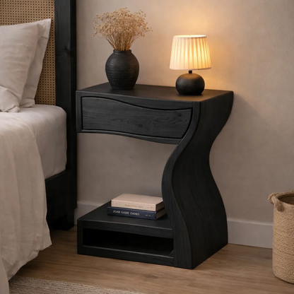 Solid Walnut Nightstand with Drawer and Shelf – Sculptural Curved Wood Bedside Table Kitchnce
