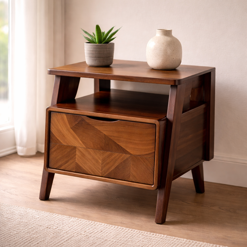 Solid Wood Nightstand with Angled Legs & Open Shelf – Contemporary Bedside Table