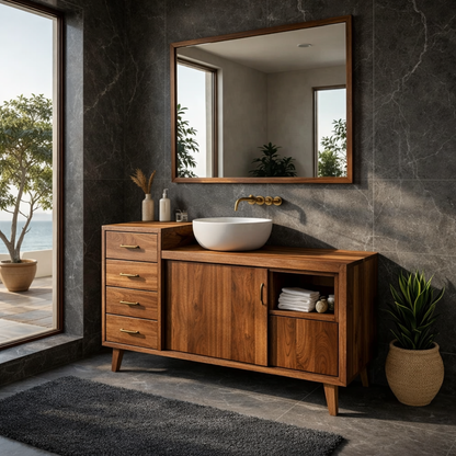 Solid Wood Bathroom Vanity with Drawers & Cabinet Storage – Mid Century Walnut Vanity