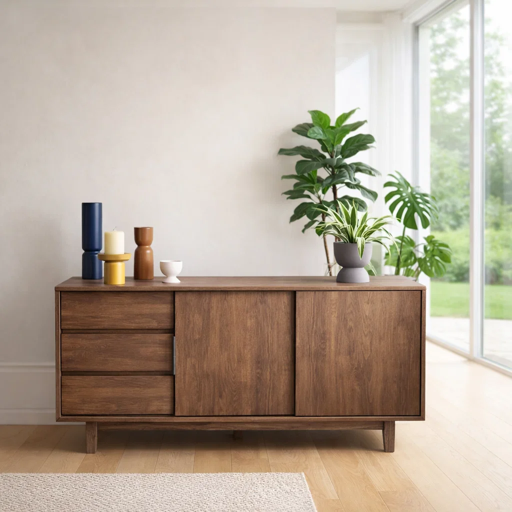 Scandinavian Style Sideboard Cabinet with Sliding Doors and Drawers – Storage Unit