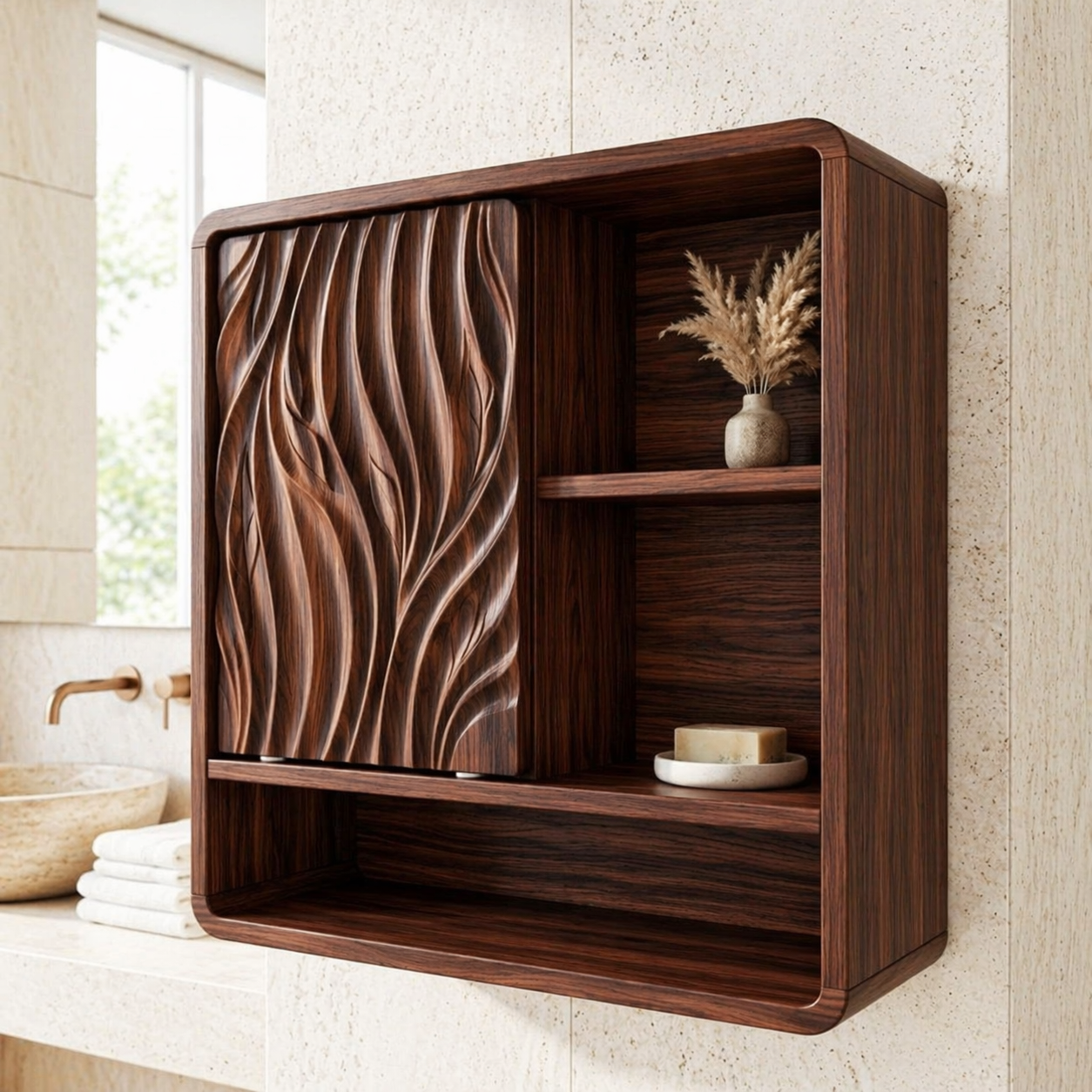 Floating Bathroom Cabinet, Modern Carved Wall Mounted Vanity Storage Organizer Unit