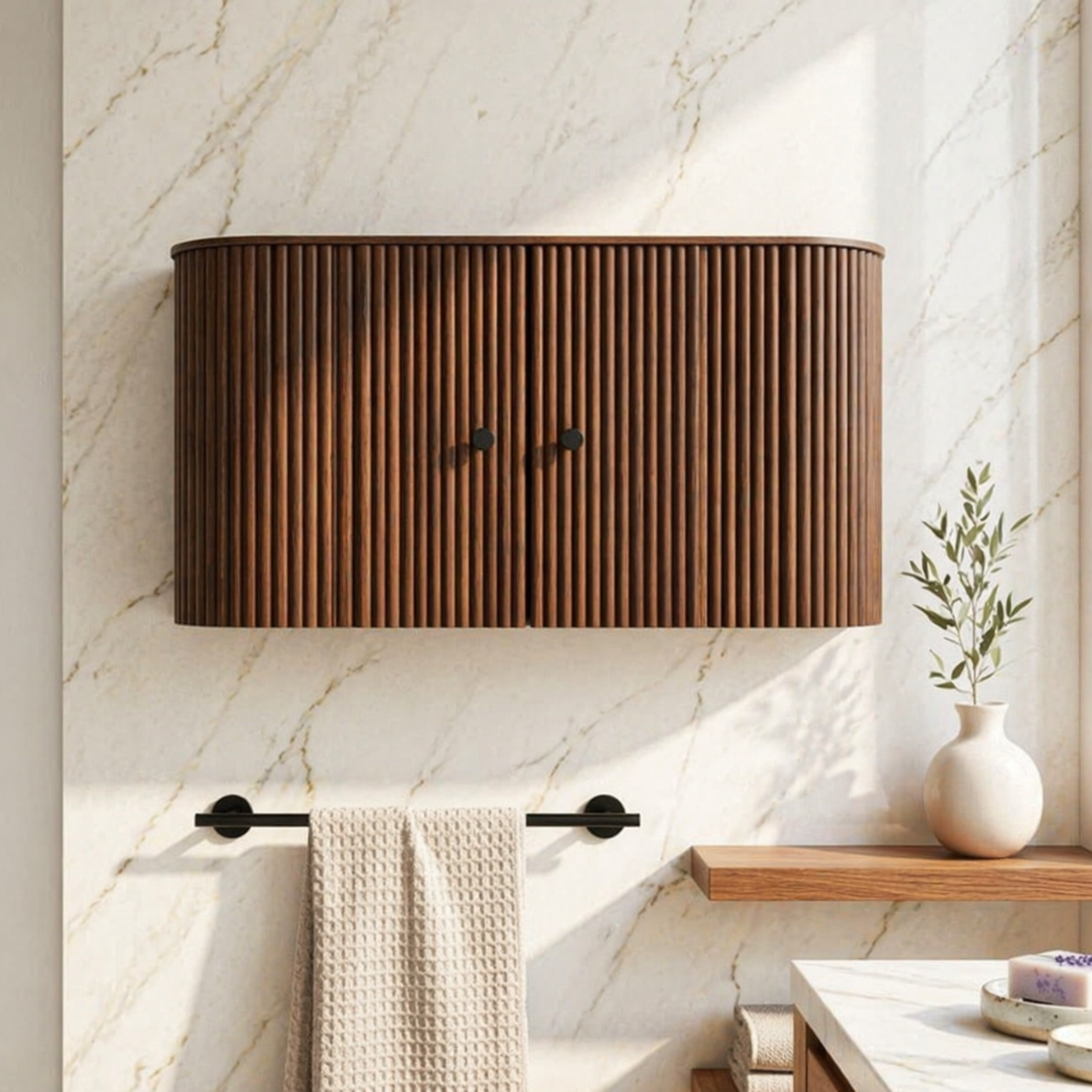 Curved Floating Bathroom Cabinet, Modern Fluted Wall Mounted Storage Organizer