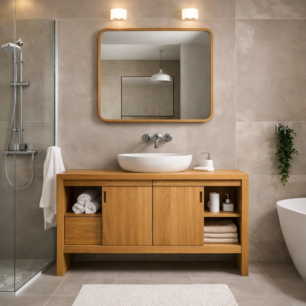 Solid Wood Bathroom Vanity Cabinet with Sliding Doors & Open Shelf Storage