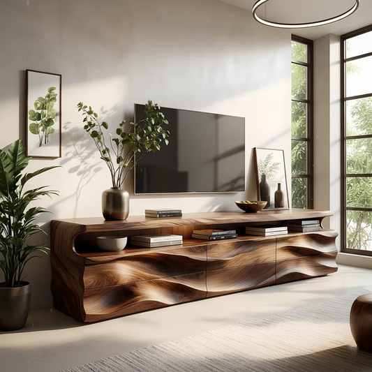 Solid Wood TV Stand Modern Walnut Media Console with Wave Front Design