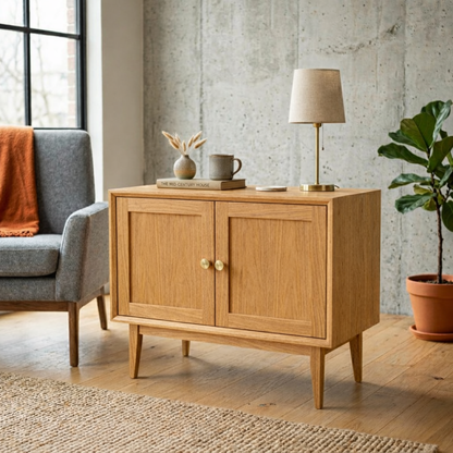 Solid Wood End Table with Double Doors – Mid Century Modern Bedside Side Table