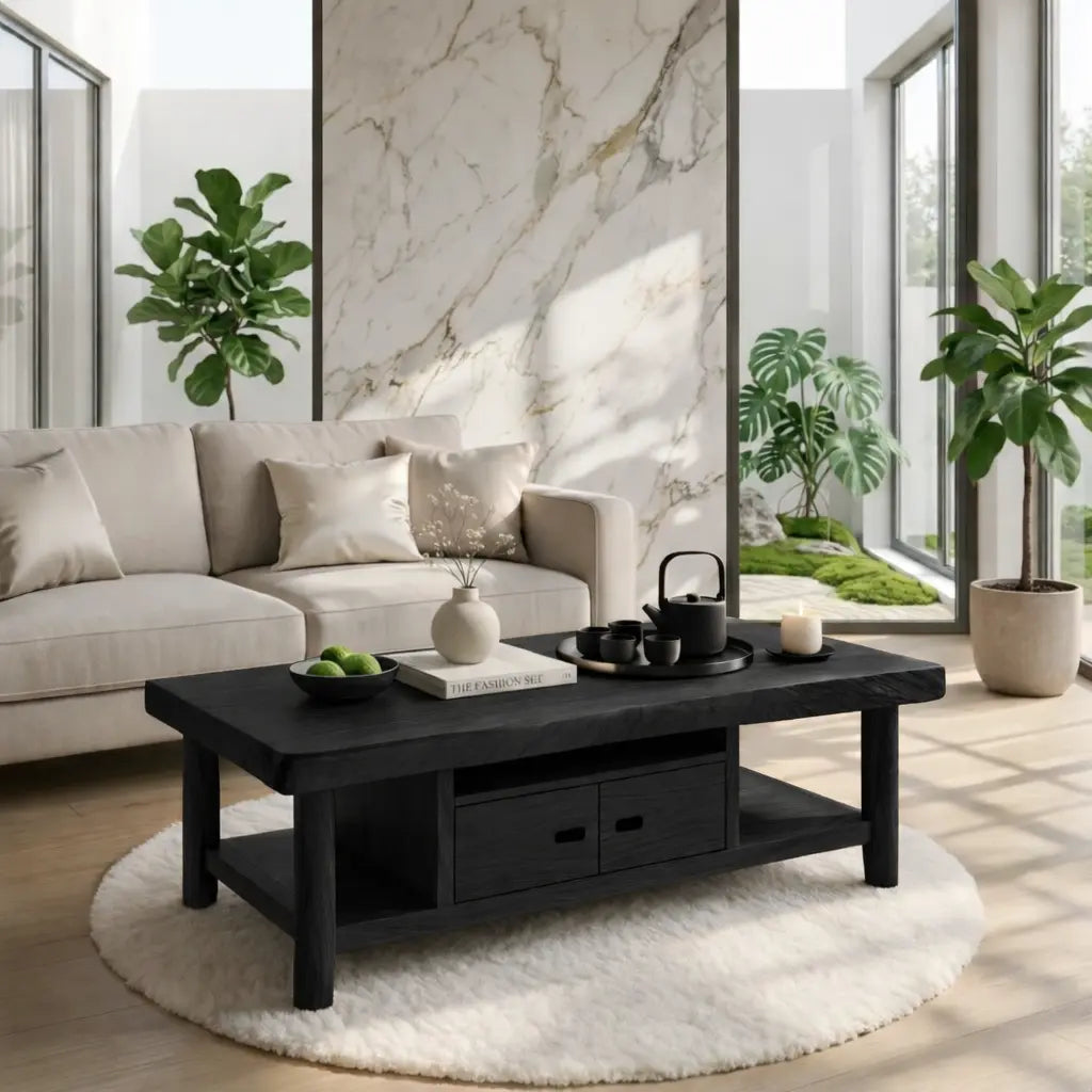 Solid Wood Coffee Table with Storage Shelf and Drawers for Living Room Decor Kitchnce