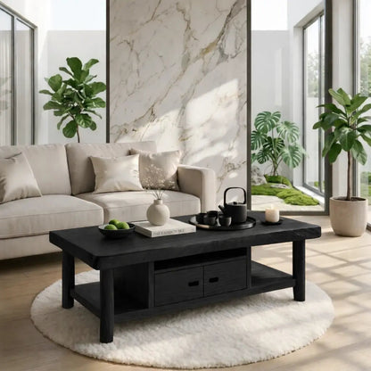 Solid Wood Coffee Table with Storage Shelf and Drawers for Living Room Decor Kitchnce