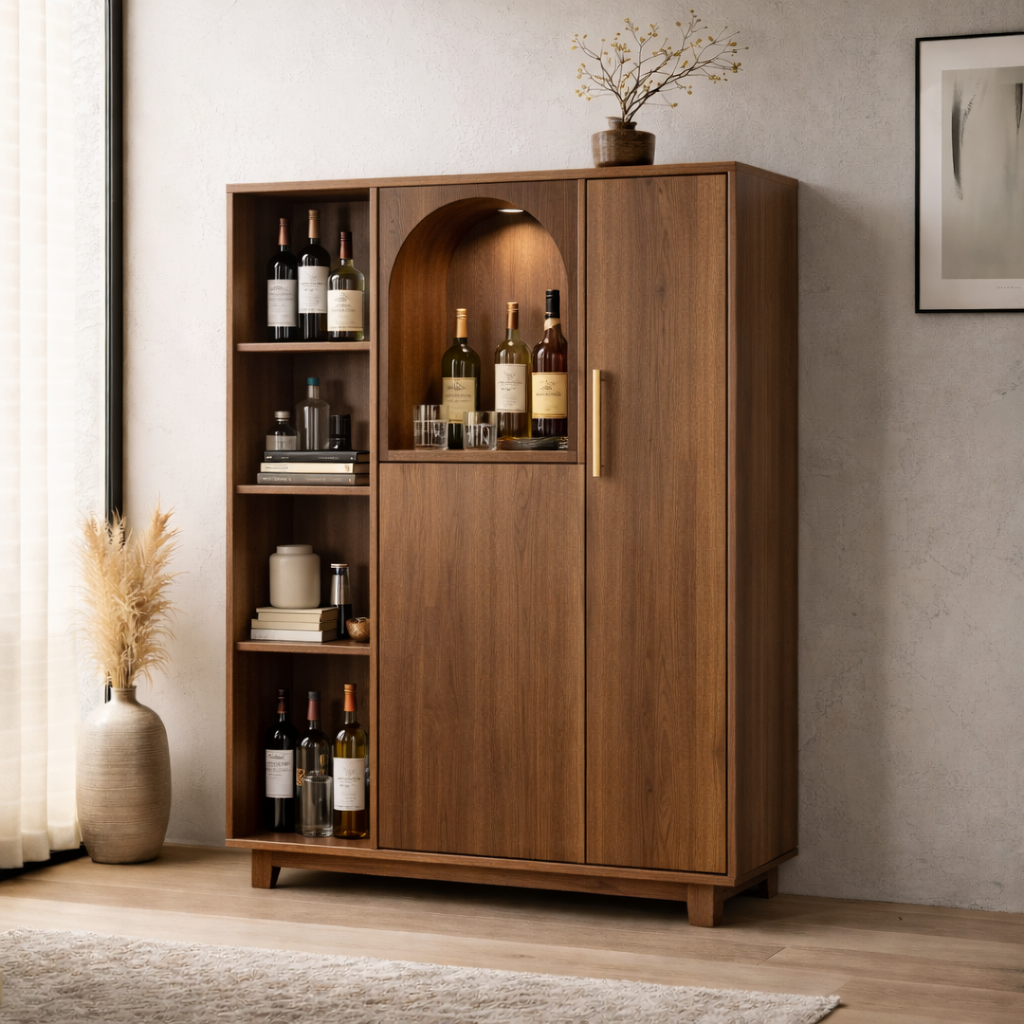 Solid Wood Bar Cabinet with Arched Display Niche and Open Wine Storage Shelf