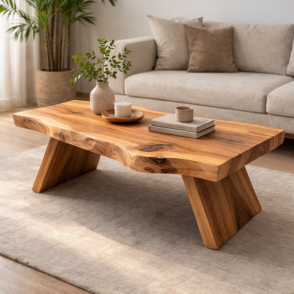 Live Edge Solid Wood Coffee Table with Thick Slab Top – Rustic Modern Living Room Table Kitchnce