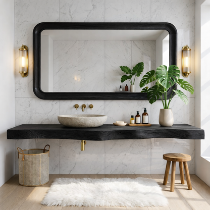 Floating Vanity with Natural Wood, Open Shelf, and Stone Basin Sink Kitchnce