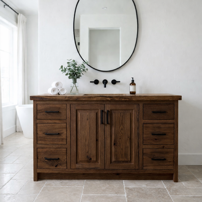 Solid Wood Bathroom Vanity with Drawers & Cabinet – Rustic Modern Storage Base