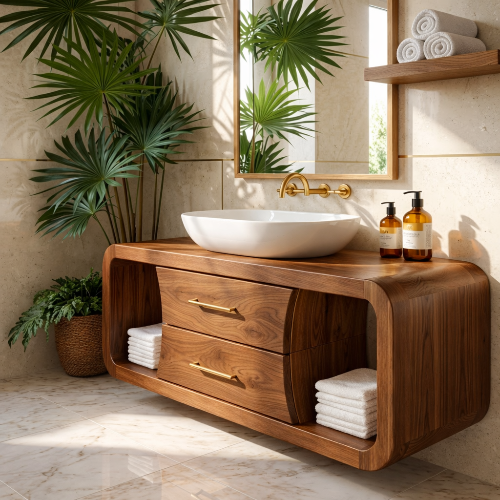 Modern Solid Wood Bathroom Vanity with Curved Frame and Open Shelf Storage