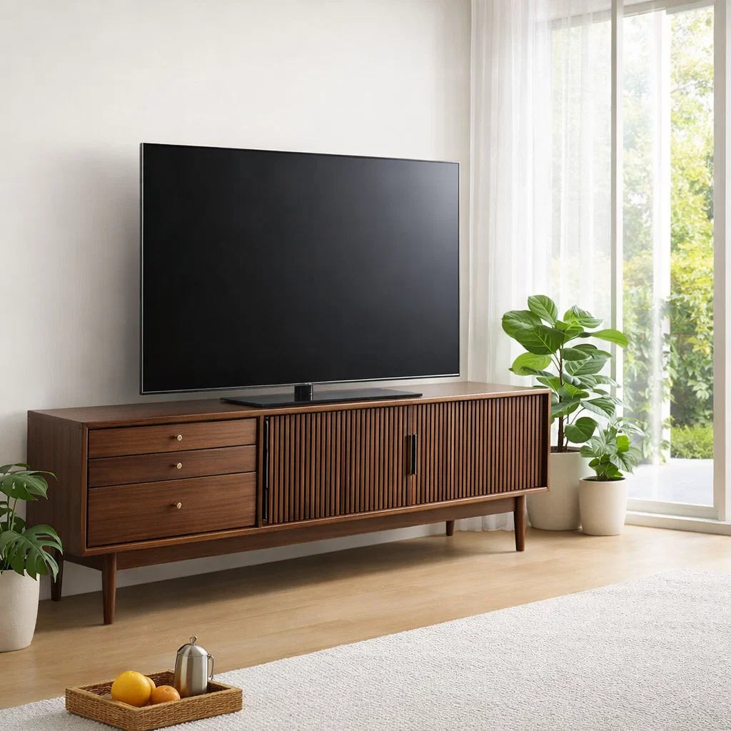 Mid Century Solid Wood TV Console with Slatted Doors & Drawers