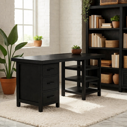 Modern Work Desk with Drawers and Open Shelving Home Office Minimal Storage Desk