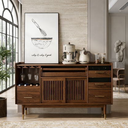 Luxury Modern Wooden Coffee Bar Cabinet, Fluted Sideboard with Wineglass Storage