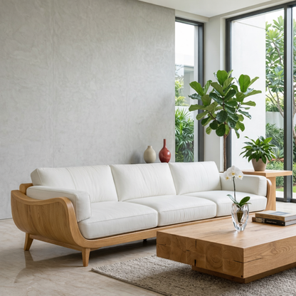 Modern Curved Solid Wood Sofa with White Leather Cushions Luxury Scandi Couch