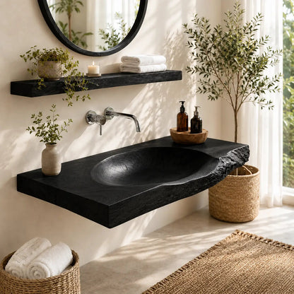 Live Edge Vanity & Shelf Set | Solid Wood Carved Sink Floating Bathroom Kitchnce